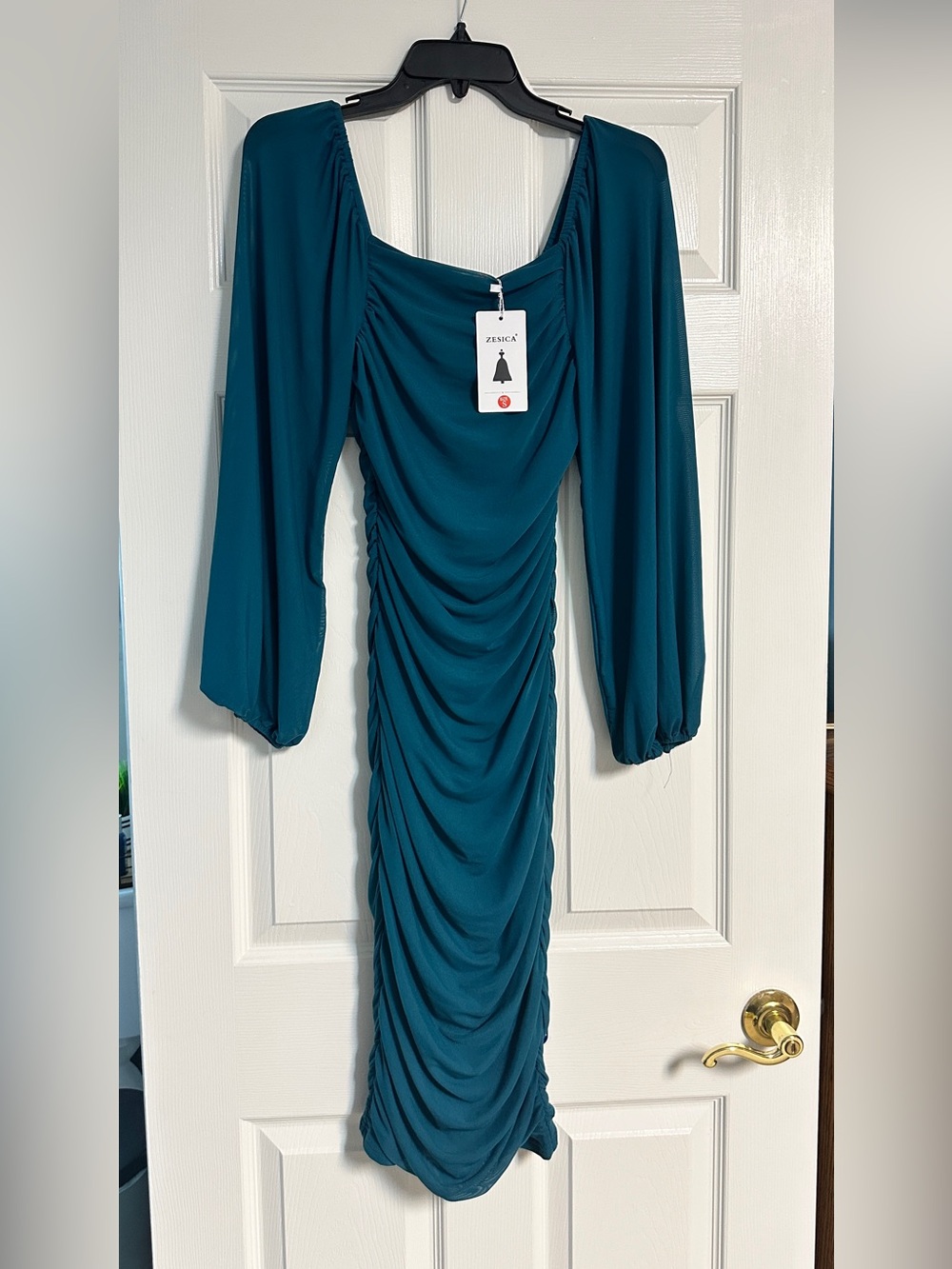 Zessica Teal Ruched Long Sleeve Midi Dress